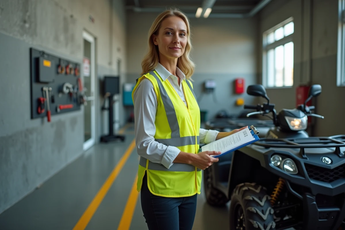 Femme avec dossier administratif lors d'une inspection technique de quad dans un centre d'homologation