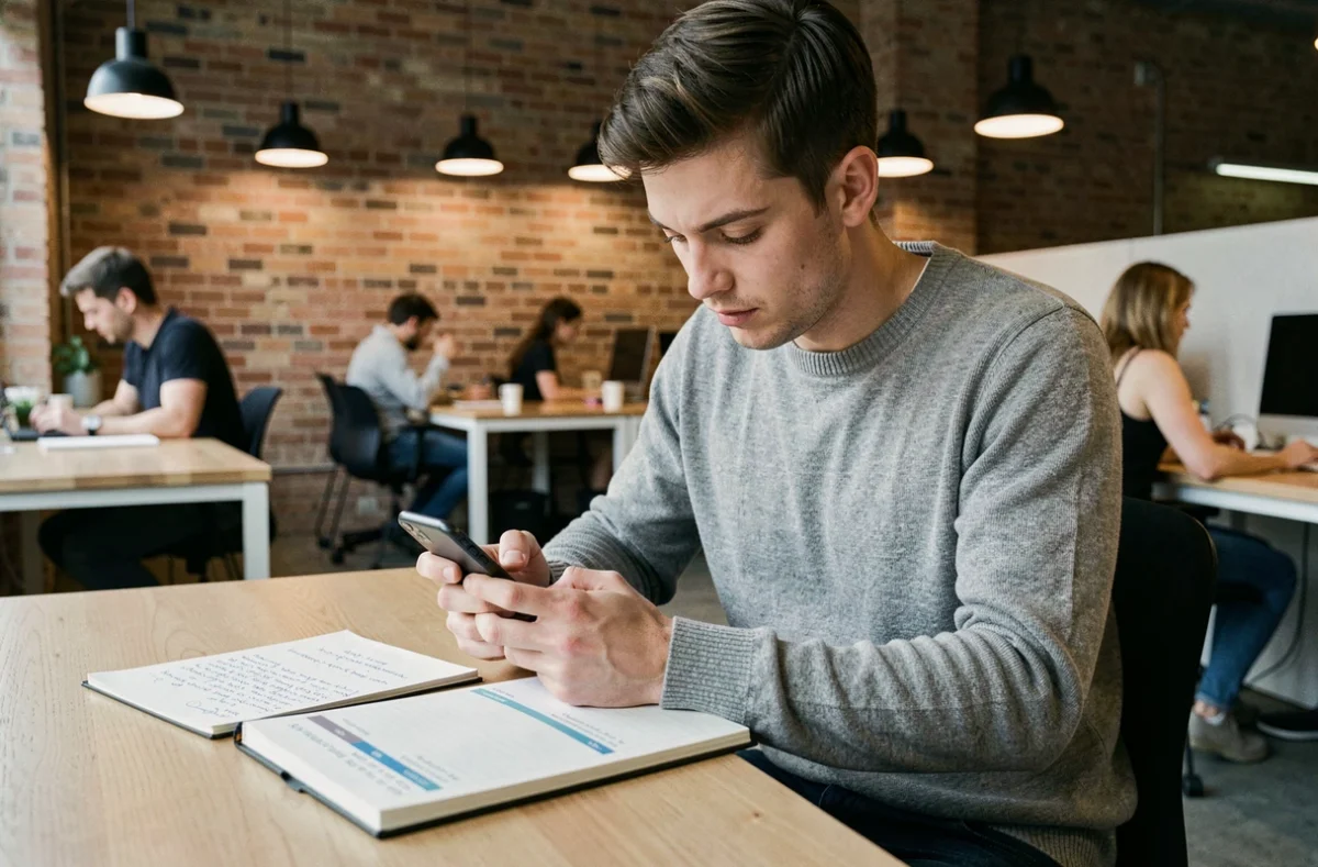 Un jeune homme consulte une application bancaire mobile pour choisir la meilleure banque et financer ses projets