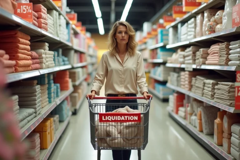 Femme faisant ses achats lors d'une liquidation dans un magasin Gifi avec un caddie rempli d'articles soldés