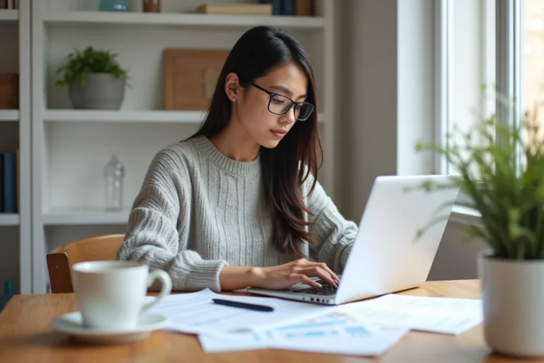 Jeune femme locataire consultant des documents de location sur une table en bois avec un ordinateur portable, illustrant la recherche d'appartement via LocService