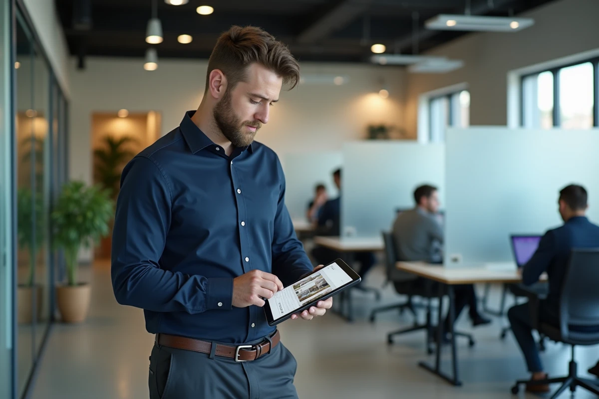 Homme consultant une plateforme de location immobilière sur tablette dans un espace de travail moderne, représentant les services en ligne pour locataires