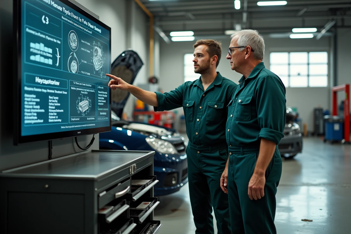 Deux mécaniciens collaborant devant un écran affichant les données techniques HaynesPro WorkshopData dans un atelier automobile