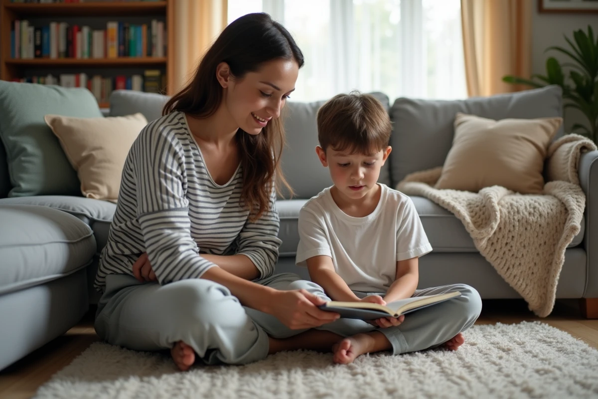 Mère accompagnant son enfant dans l'apprentissage de la lecture sur un tapis de salon confortable