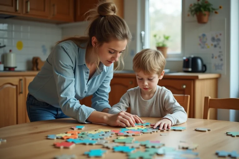 Mère aidant son enfant à assembler un puzzle sur une table en bois dans une cuisine familiale chaleureuse