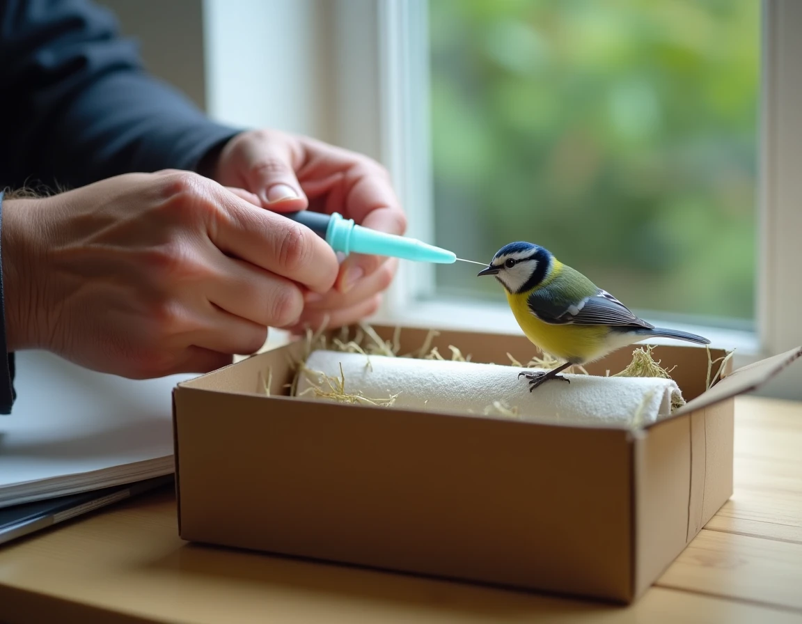 Mains adultes nourrissant un oisillon mésange à la seringue dans une boîte de récupération