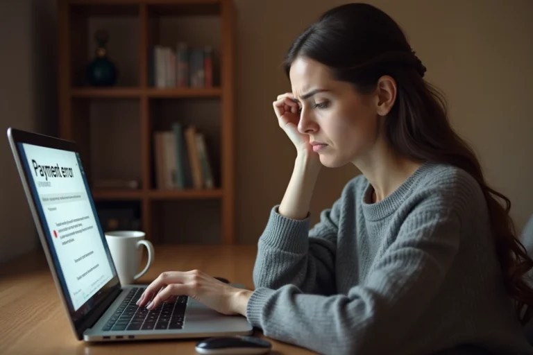 Femme frustrée devant un ordinateur portable affichant une erreur de paiement PayPal refusé
