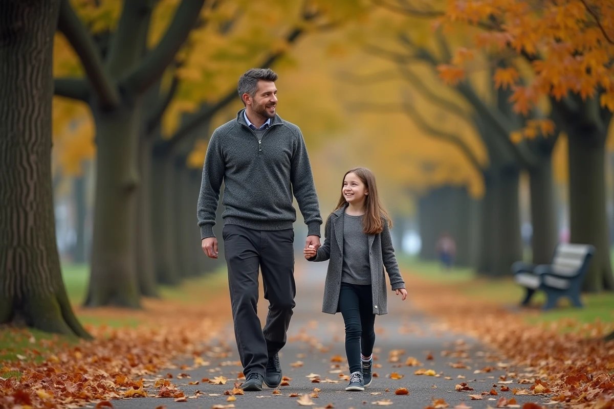 Père et fille se promenant ensemble dans un parc en automne, partageant un moment de complicité