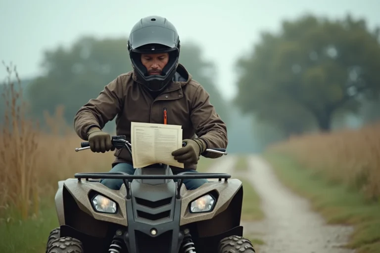 Pilote de quad consulte un document d'homologation T3B sur un chemin de terre en France