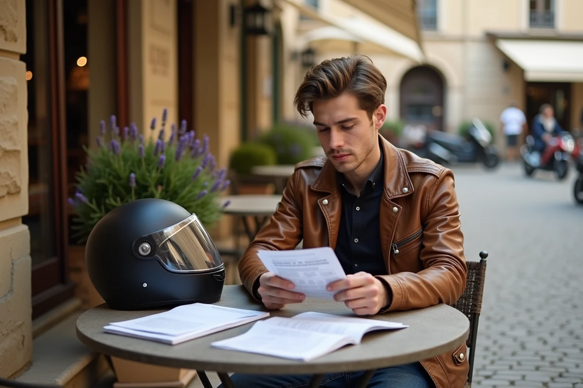 Jeune homme préparant le permis quad et l'homologation T3B avec des documents en terrasse de café en France