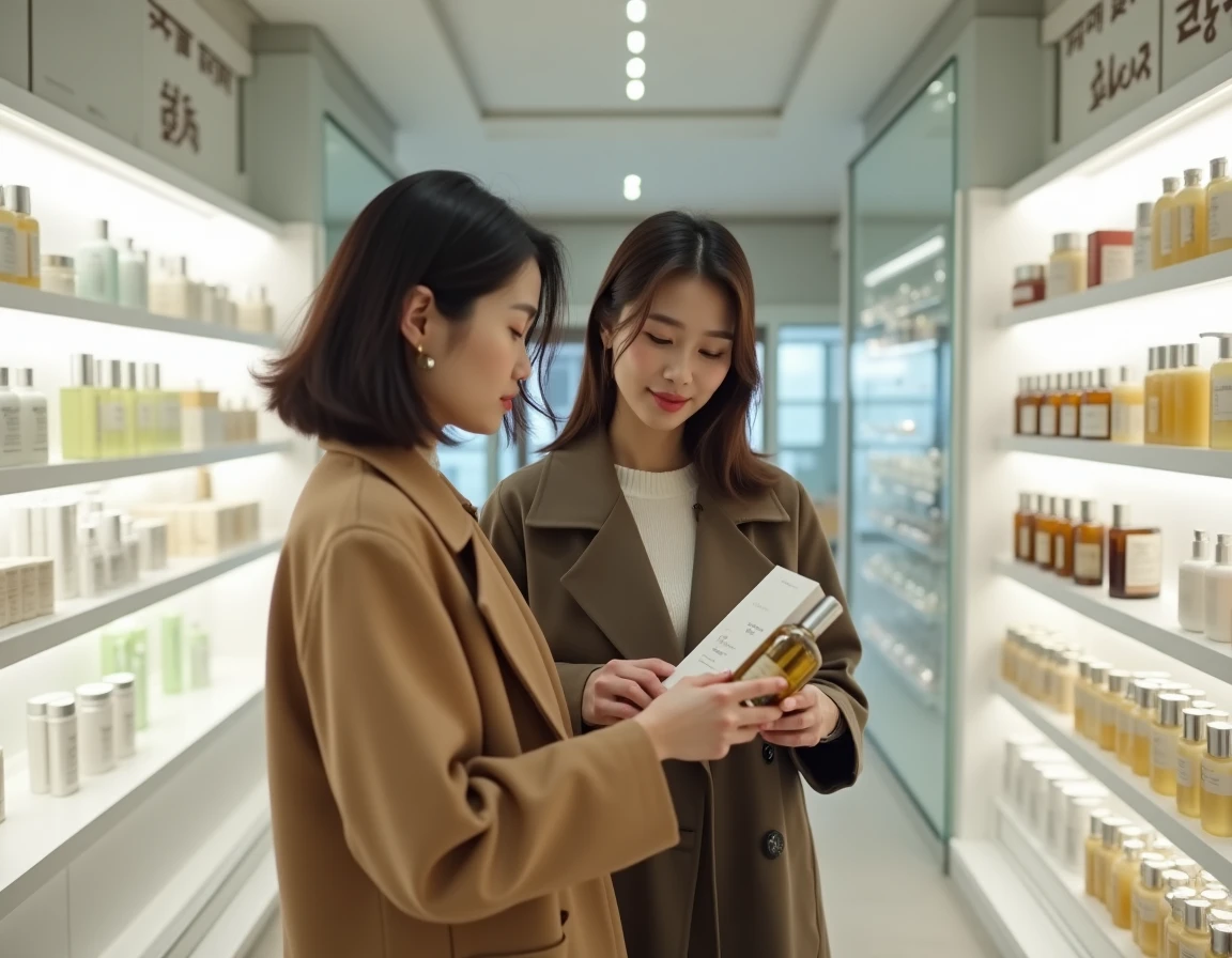 Deux femmes coréennes découvrant des produits capillaires naturels dans une boutique de beauté moderne à Séoul