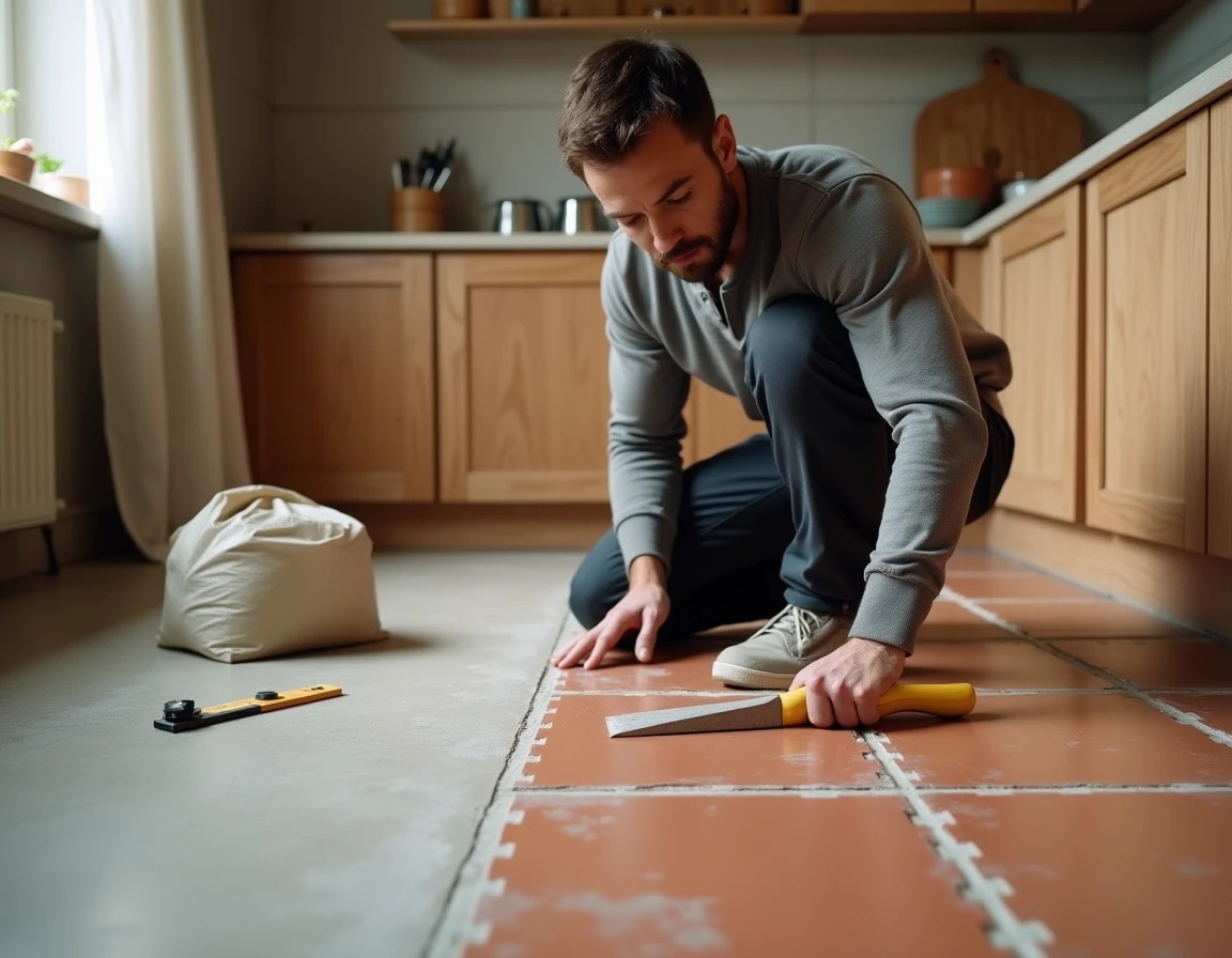 Homme posant des carreaux en terre cuite sur le sol d'une cuisine en cours de rénovation