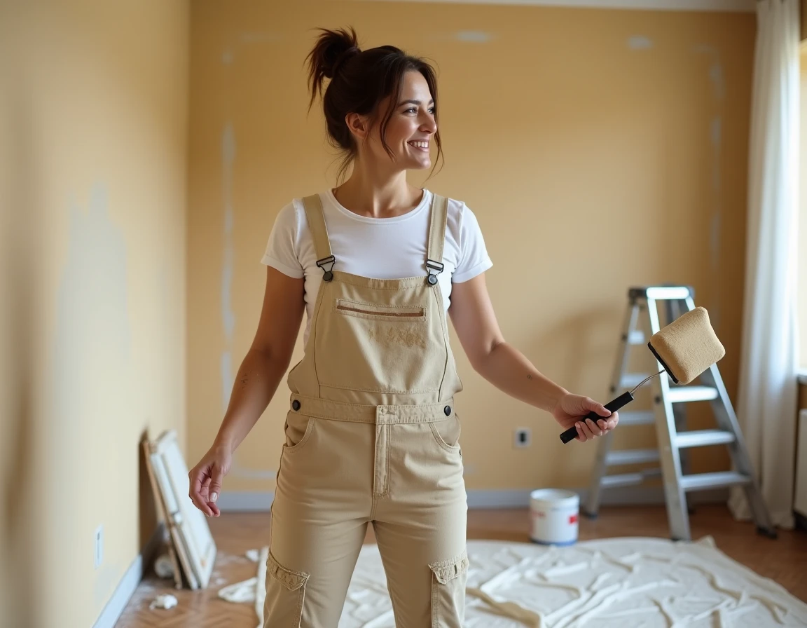 Femme en salopette appliquant de la peinture beige sur un mur de salon en cours de rénovation