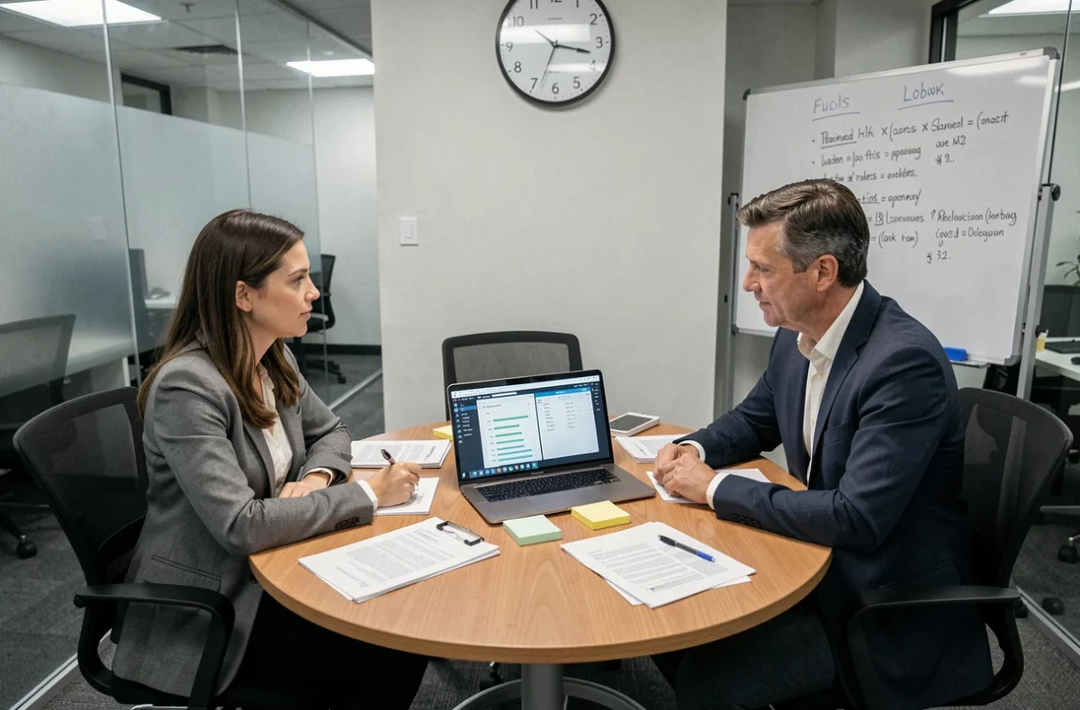 Deux professionnels RH en réunion comparant des logiciels de gestion RH sur ordinateur portable