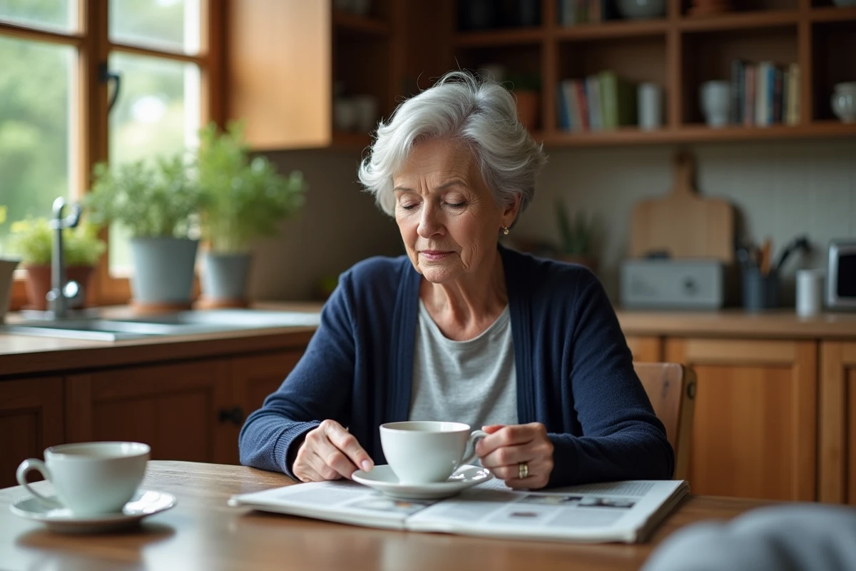 Femme senior lisant le journal à la table de cuisine, illustrant le quotidien et l'information des personnes âgées