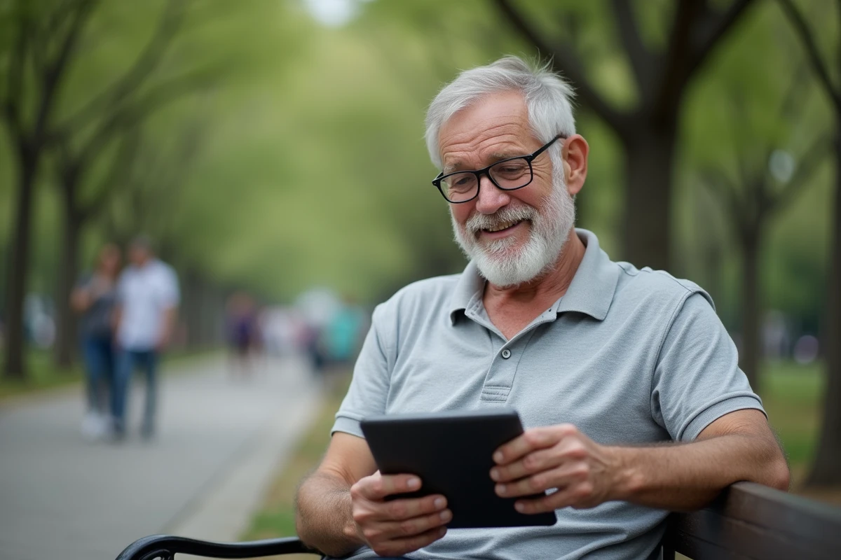 Senior homme utilisant une tablette numérique dans un parc, symbolisant l'innovation et la technologie pour les personnes âgées
