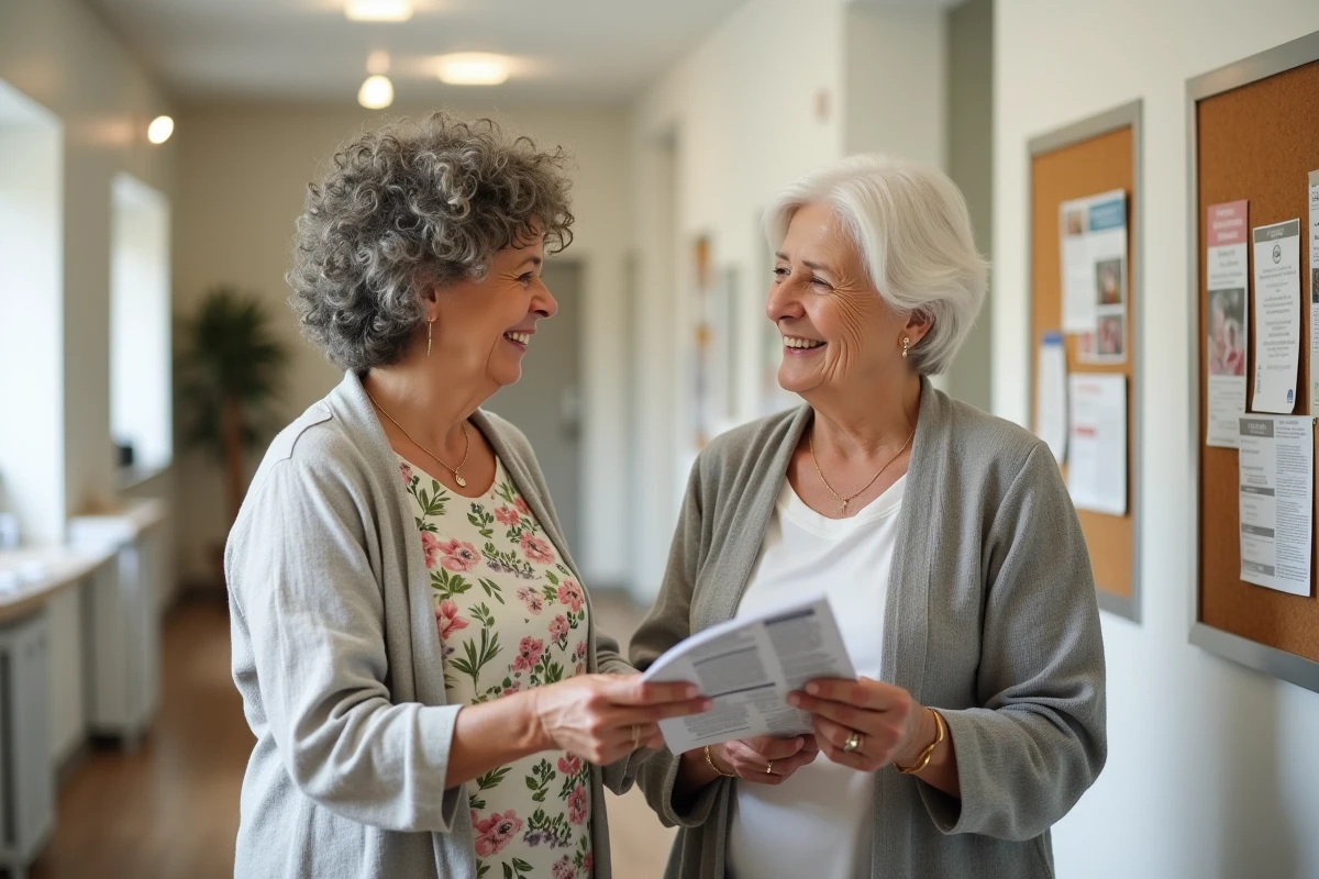 Deux femmes seniors discutant dans un centre communautaire avec des brochures, illustrant les conseils et services pour les personnes âgées