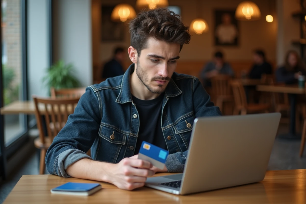 Jeune homme dans un café face à une erreur de paiement PayPal avec carte bancaire posée sur la table