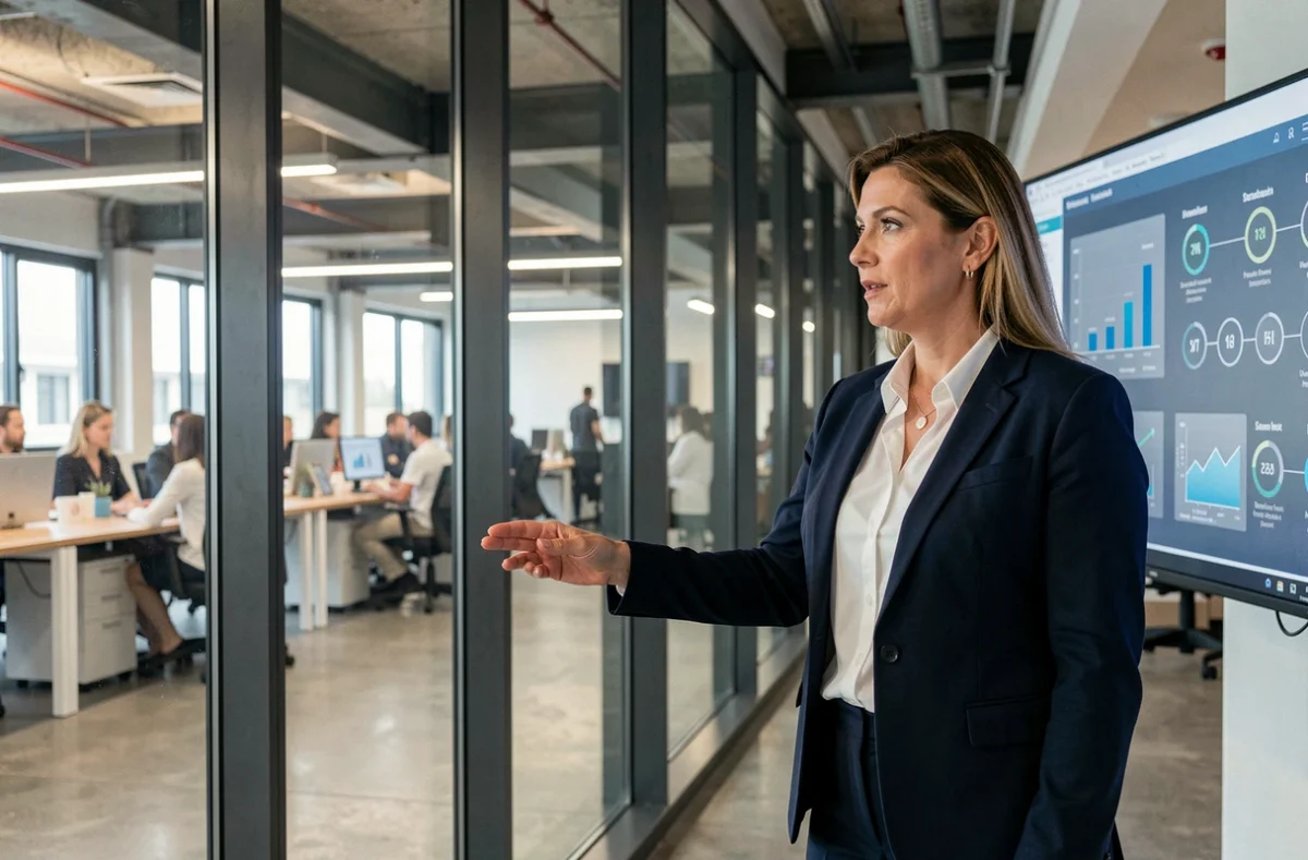 Dirigeante d'entreprise présentant une stratégie de croissance innovante devant un écran de données dans un bureau moderne