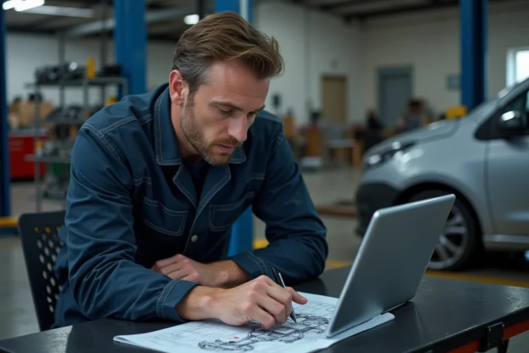Technicien automobile consultant la base de données HaynesPro WorkshopData sur une tablette dans un garage professionnel
