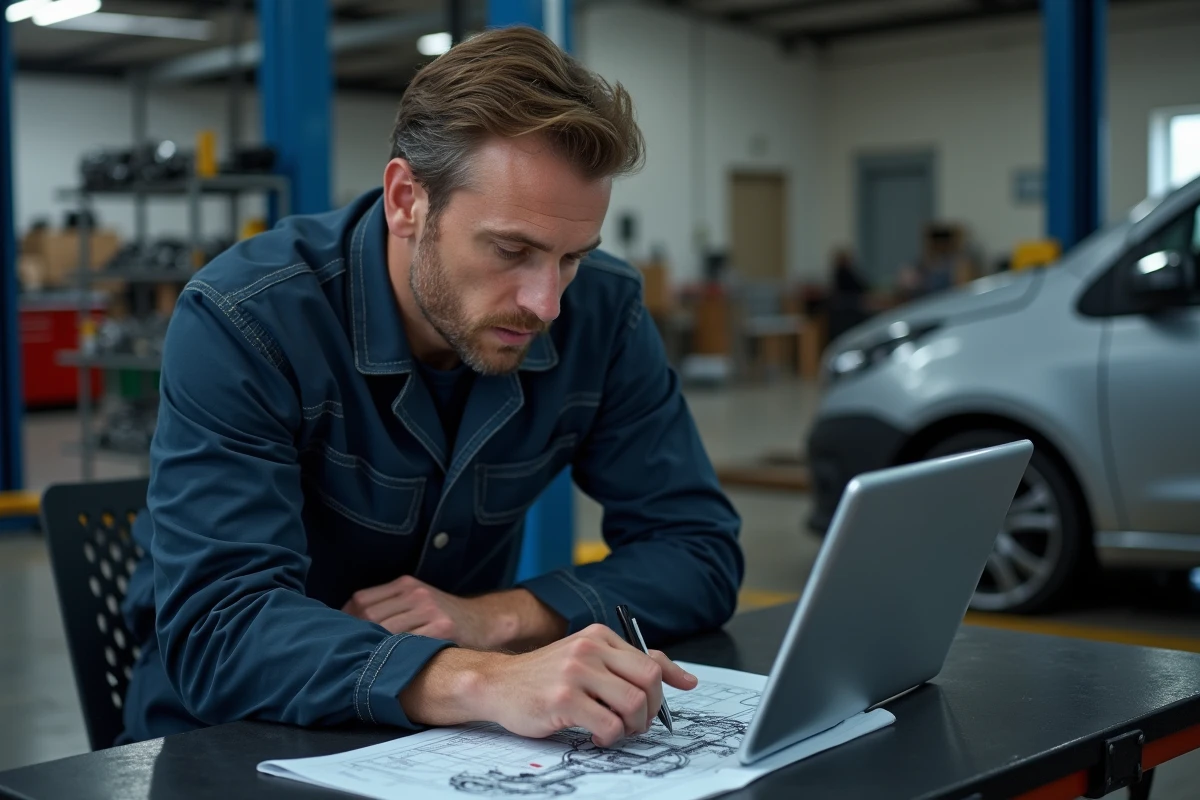 Technicien automobile consultant la base de données HaynesPro WorkshopData sur une tablette dans un garage professionnel