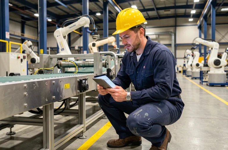 Technicien de maintenance industrielle consultant une tablette numérique sur une ligne de production en fonctionnement dans une usine moderne