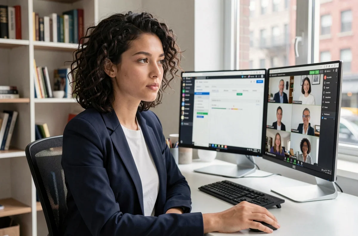 Jeune femme professionnelle travaillant à distance depuis son bureau à domicile avec une interface de collaboration en ligne sur deux écrans